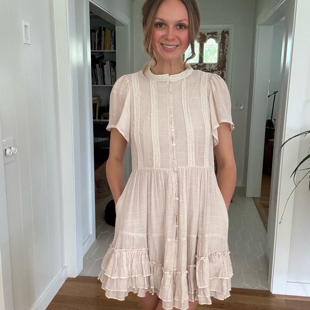 Listicle Cream Ruffled Tiered Mini Dress with Puff Sleeves